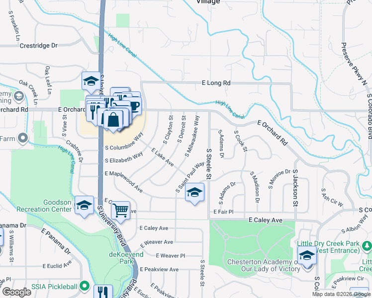 map of restaurants, bars, coffee shops, grocery stores, and more near 5954 South Milwaukee Way in Centennial
