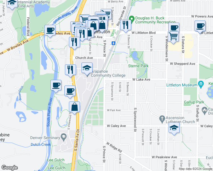 map of restaurants, bars, coffee shops, grocery stores, and more near 6040 South Prince Street in Littleton