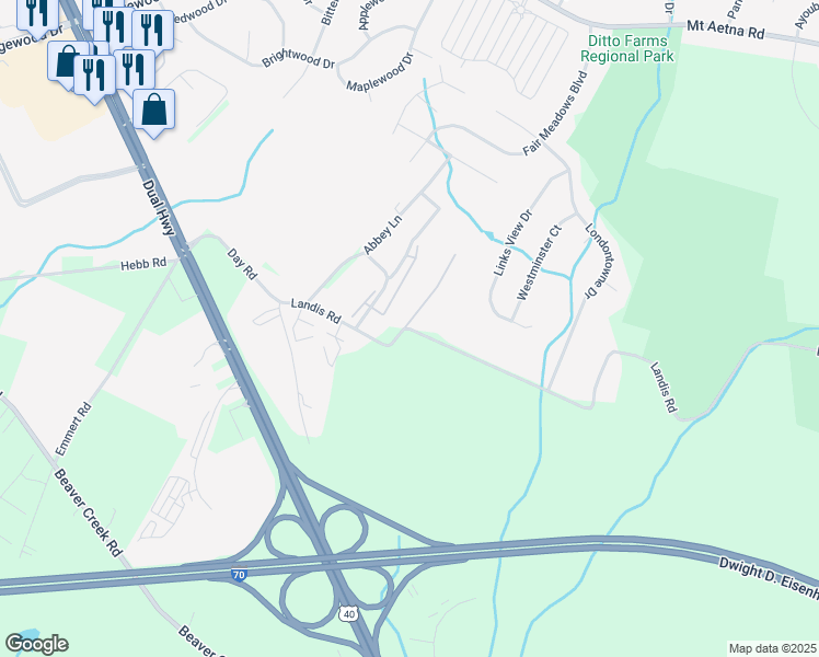 map of restaurants, bars, coffee shops, grocery stores, and more near Landis Road in Hagerstown
