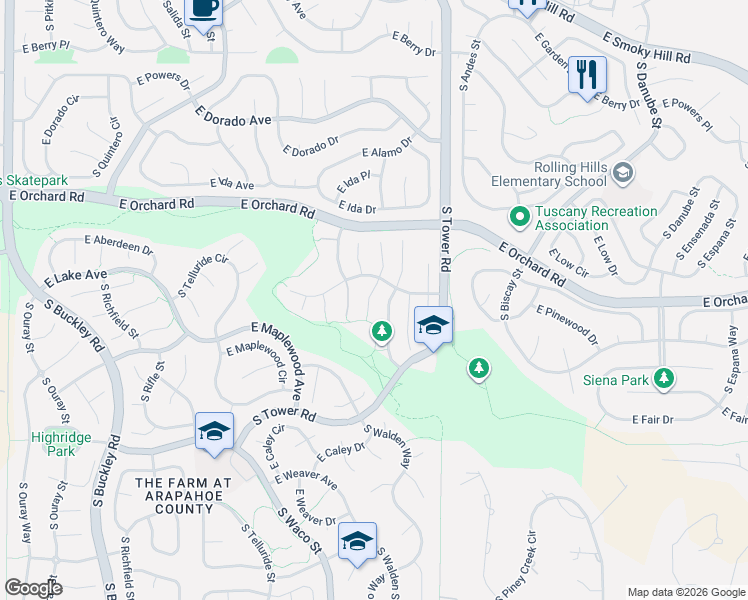 map of restaurants, bars, coffee shops, grocery stores, and more near 6017 South Walden Court in Aurora