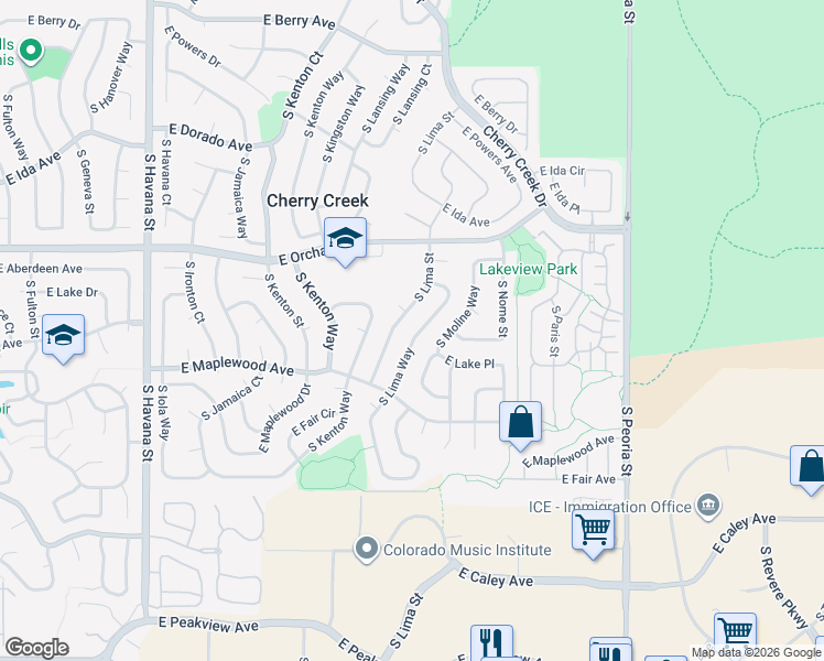 map of restaurants, bars, coffee shops, grocery stores, and more near 6041 South Lima Way in Englewood
