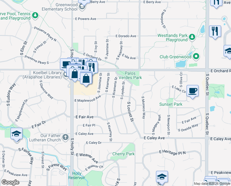 map of restaurants, bars, coffee shops, grocery stores, and more near 5973 South Krameria Street in Centennial
