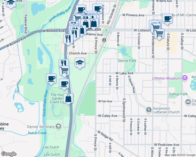 map of restaurants, bars, coffee shops, grocery stores, and more near 6001 South Prince Street in Littleton