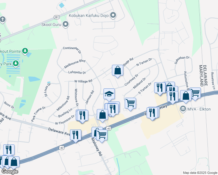 map of restaurants, bars, coffee shops, grocery stores, and more near 151 Courtney Drive in Elkton