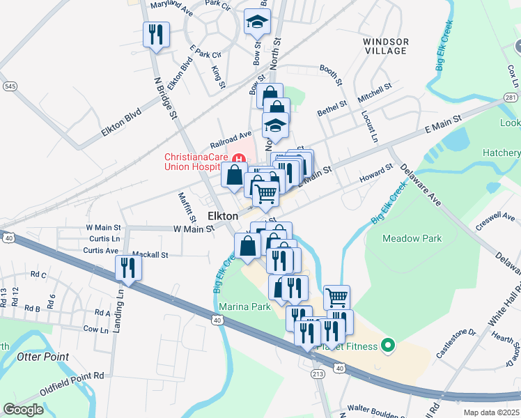 map of restaurants, bars, coffee shops, grocery stores, and more near 127 West Main Street in Elkton
