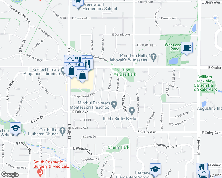 map of restaurants, bars, coffee shops, grocery stores, and more near 5973 South Krameria Street in Centennial