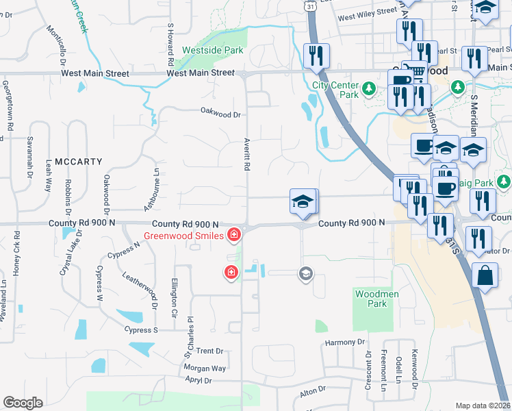map of restaurants, bars, coffee shops, grocery stores, and more near 716 Orchard Lane in Greenwood