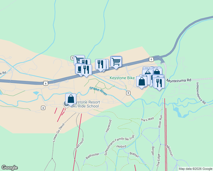 map of restaurants, bars, coffee shops, grocery stores, and more near 64 Snake River Road in Dillon