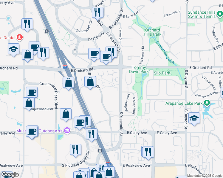 map of restaurants, bars, coffee shops, grocery stores, and more near 6001 South Yosemite Street in Greenwood Village