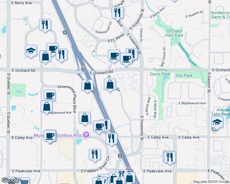 map of restaurants, bars, coffee shops, grocery stores, and more near 6001 South Willow Drive in Greenwood Village