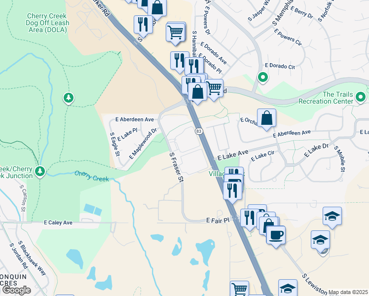map of restaurants, bars, coffee shops, grocery stores, and more near 6000 South Fraser Street in Centennial
