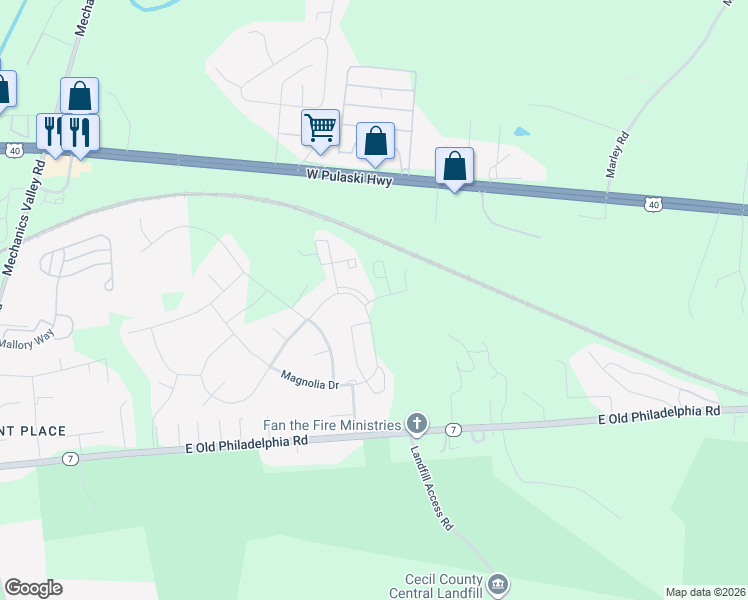 map of restaurants, bars, coffee shops, grocery stores, and more near 36 Blackgum Road in Elkton