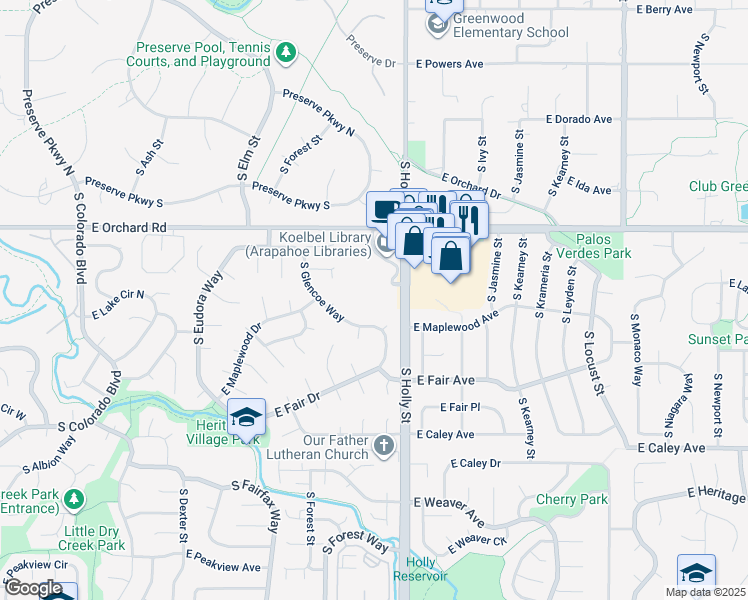 map of restaurants, bars, coffee shops, grocery stores, and more near 5999 South Holly Street in Centennial