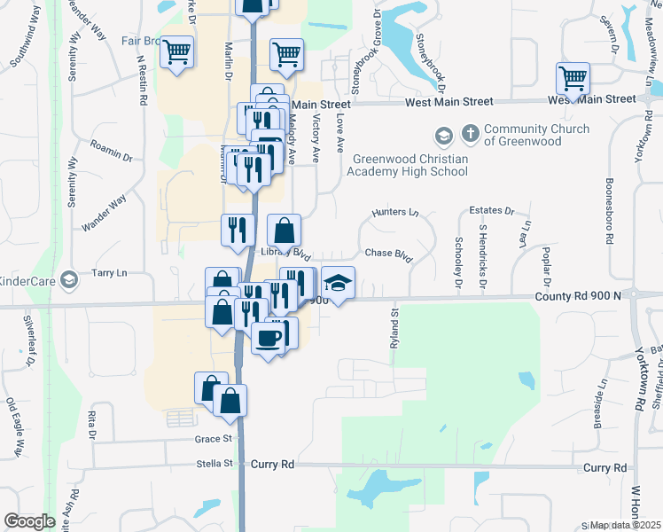 map of restaurants, bars, coffee shops, grocery stores, and more near 1613 Library Boulevard in Greenwood