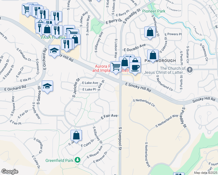 map of restaurants, bars, coffee shops, grocery stores, and more near 6021 South Liverpool Street in Centennial