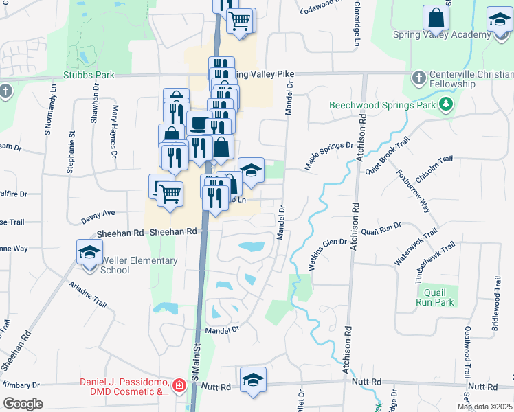map of restaurants, bars, coffee shops, grocery stores, and more near 84 Marco Lane in Dayton