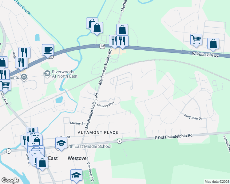 map of restaurants, bars, coffee shops, grocery stores, and more near Mallory Way in North East
