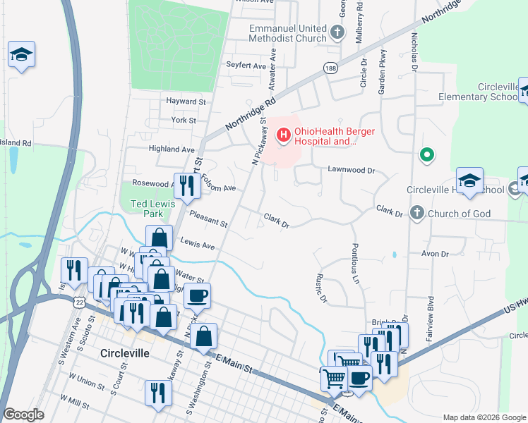 map of restaurants, bars, coffee shops, grocery stores, and more near 551 Springhollow Road in Circleville