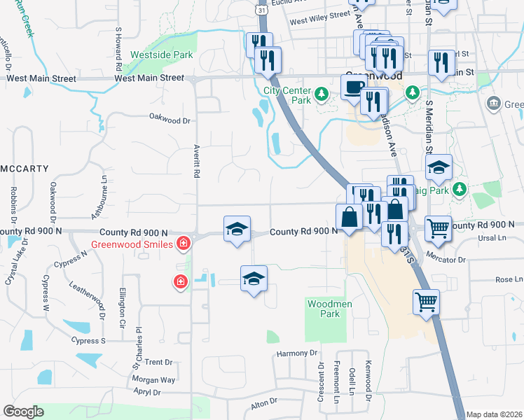 map of restaurants, bars, coffee shops, grocery stores, and more near 605 Orchard Lane in Greenwood