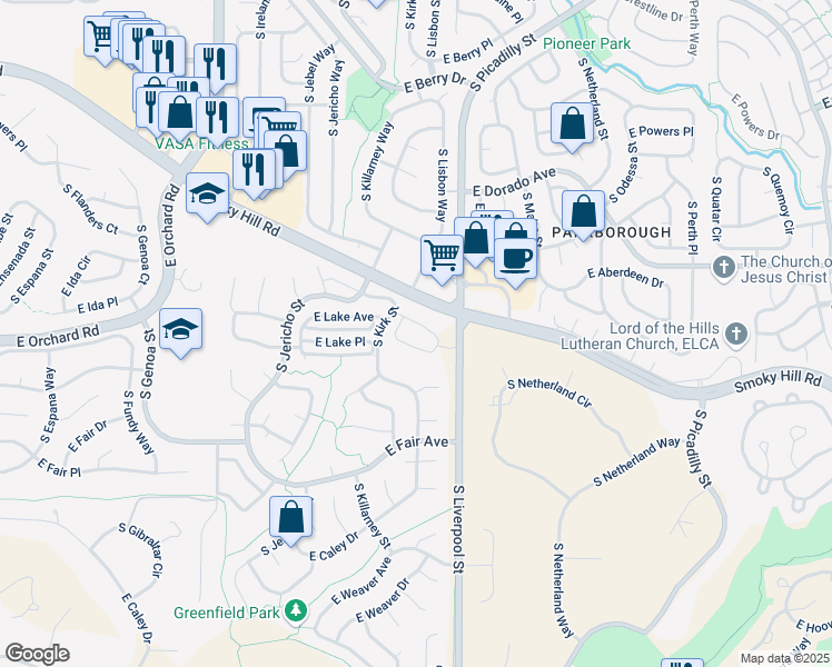 map of restaurants, bars, coffee shops, grocery stores, and more near 6021 South Liverpool Street in Centennial