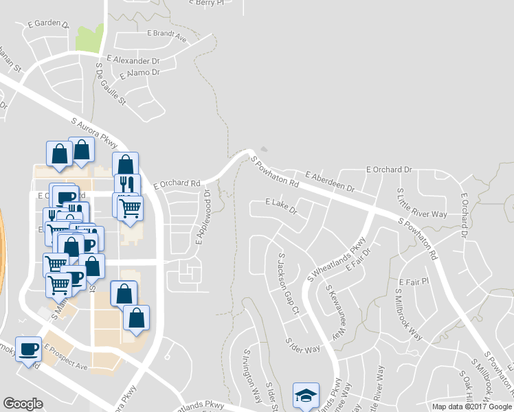 map of restaurants, bars, coffee shops, grocery stores, and more near 24966 East Lake Drive in Aurora