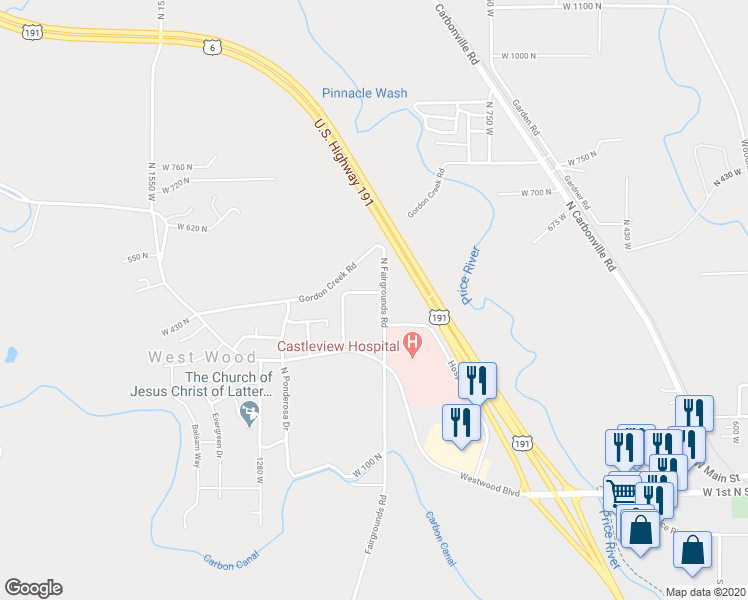 map of restaurants, bars, coffee shops, grocery stores, and more near 1025 West 470 North in Price