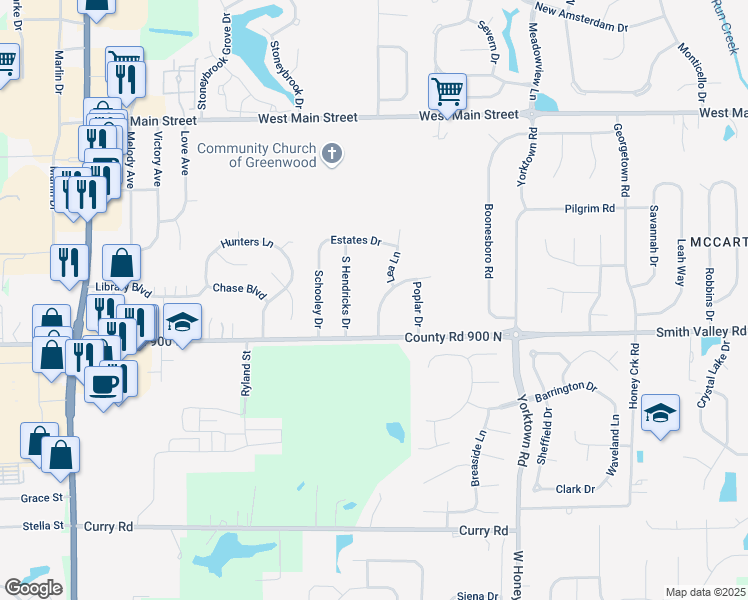 map of restaurants, bars, coffee shops, grocery stores, and more near 488 Green Valley Drive in Greenwood