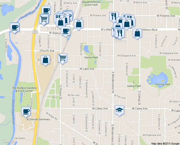 map of restaurants, bars, coffee shops, grocery stores, and more near 6010 South Sterne Parkway in Littleton