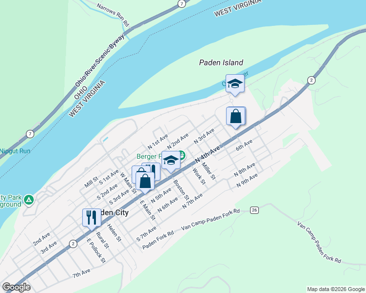 map of restaurants, bars, coffee shops, grocery stores, and more near 304 N 2nd Ave in Paden City
