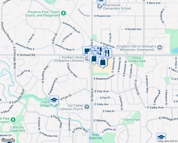 map of restaurants, bars, coffee shops, grocery stores, and more near 5999 South Holly Street in Centennial