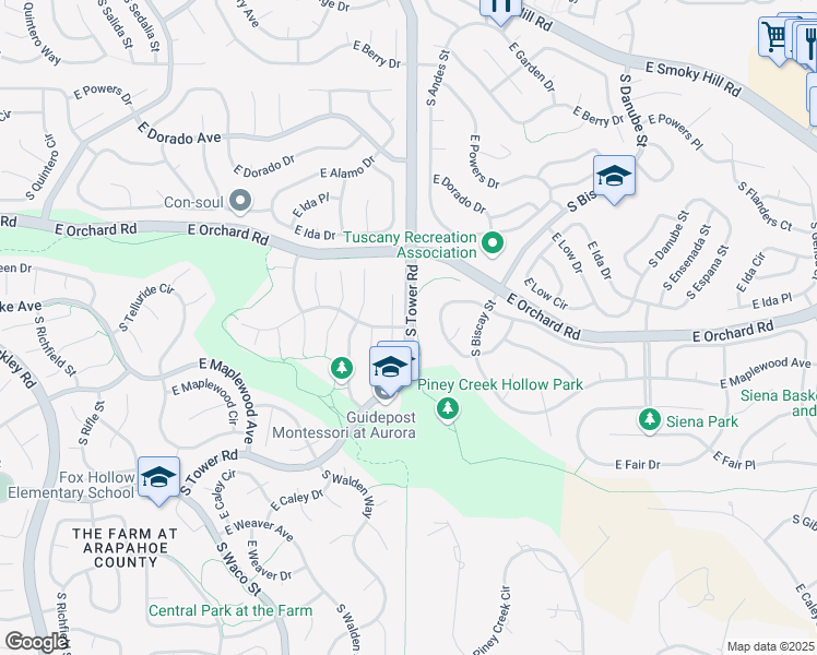 map of restaurants, bars, coffee shops, grocery stores, and more near 22300 East Lake Avenue in Aurora