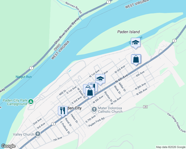 map of restaurants, bars, coffee shops, grocery stores, and more near North 1st Avenue in Paden City
