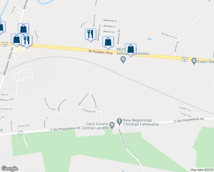map of restaurants, bars, coffee shops, grocery stores, and more near 36 Blackgum Road in Elkton
