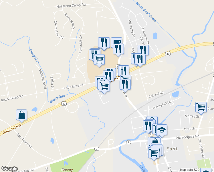 map of restaurants, bars, coffee shops, grocery stores, and more near 2522 Pulaski Hwy in North East