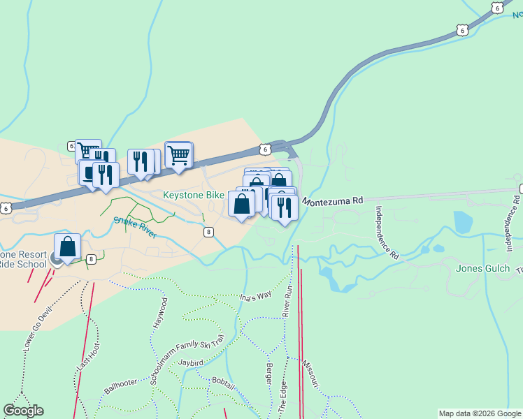 map of restaurants, bars, coffee shops, grocery stores, and more near 91 River Run Road in Dillon