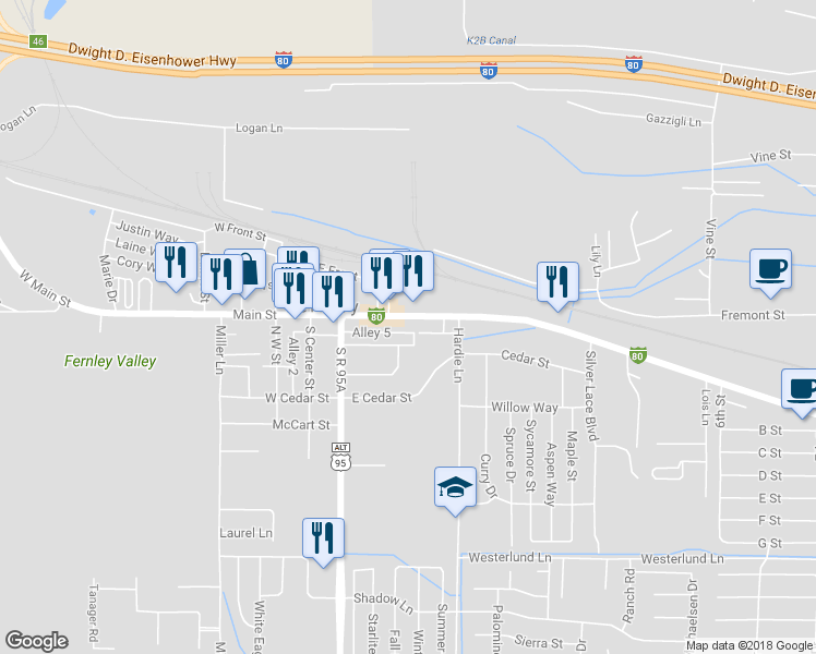 map of restaurants, bars, coffee shops, grocery stores, and more near 145 East Main Street in Fernley