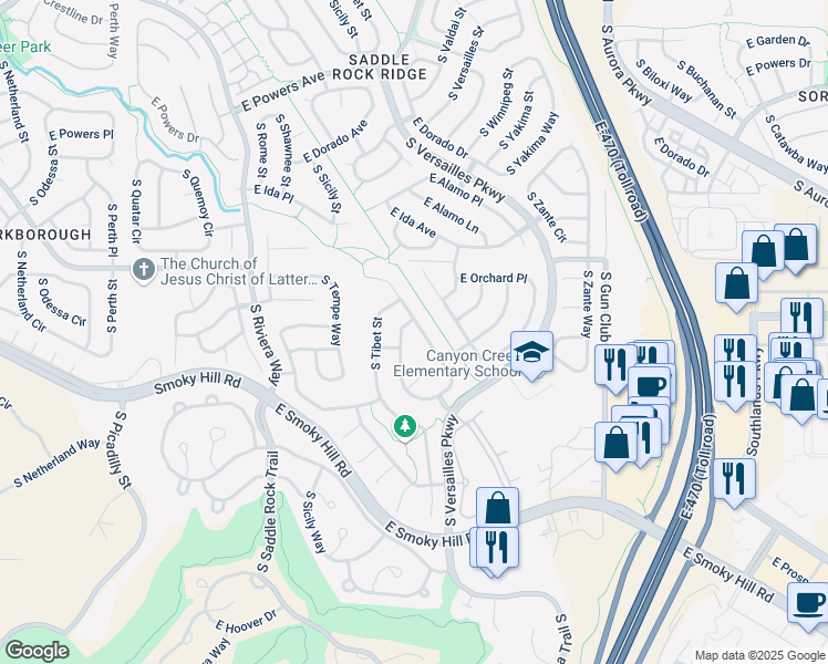 map of restaurants, bars, coffee shops, grocery stores, and more near 6015 South Ukraine Street in Aurora