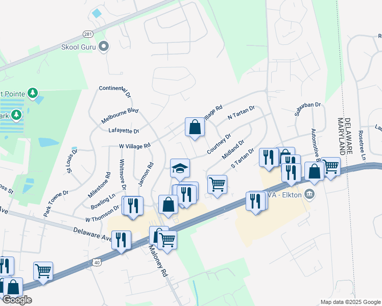 map of restaurants, bars, coffee shops, grocery stores, and more near 102 Montague Lane in Elkton