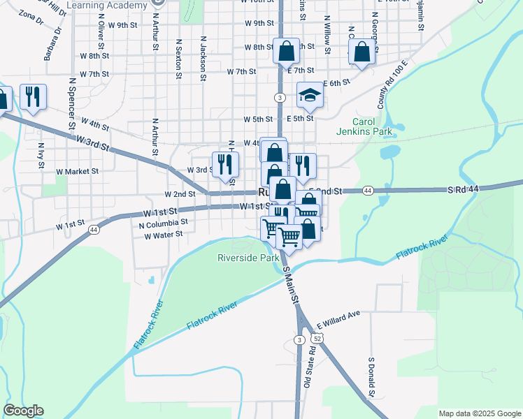 map of restaurants, bars, coffee shops, grocery stores, and more near 133 West 1st Street in Rushville
