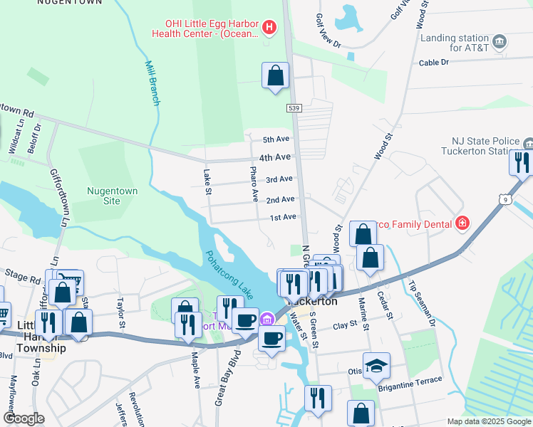 map of restaurants, bars, coffee shops, grocery stores, and more near 129 1st Avenue in Tuckerton