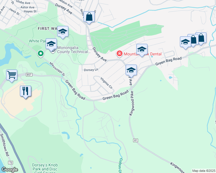 map of restaurants, bars, coffee shops, grocery stores, and more near 141 Blue Grass Village in Morgantown