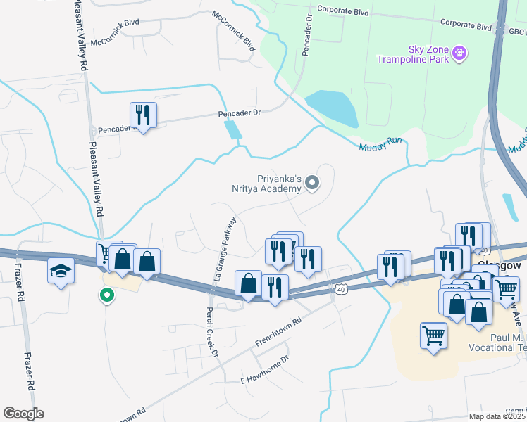 map of restaurants, bars, coffee shops, grocery stores, and more near 1080 La Grange Parkway in Newark