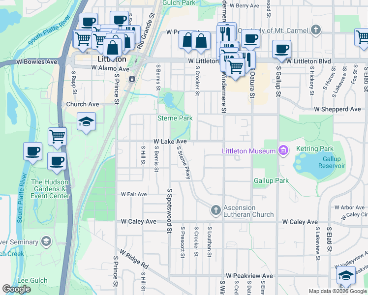 map of restaurants, bars, coffee shops, grocery stores, and more near 6010 South Sterne Parkway in Littleton