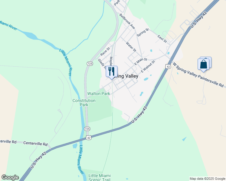 map of restaurants, bars, coffee shops, grocery stores, and more near 19 West Walnut Street in Spring Valley