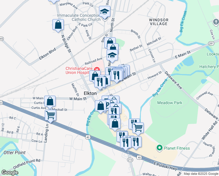 map of restaurants, bars, coffee shops, grocery stores, and more near 122 West Main Street in Elkton
