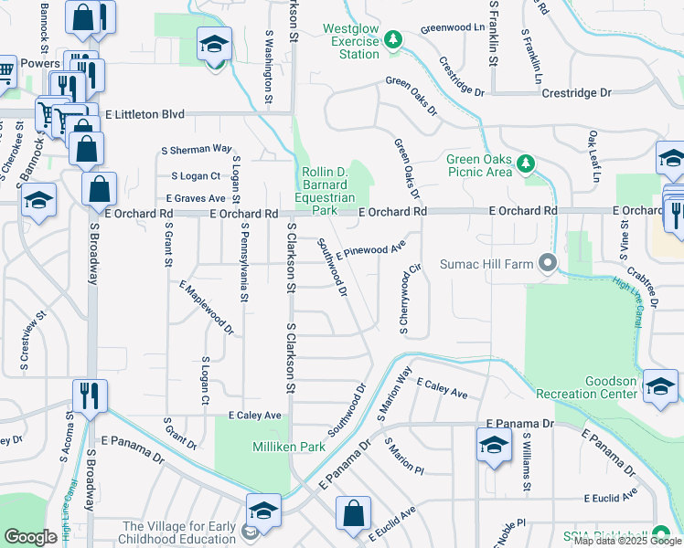 map of restaurants, bars, coffee shops, grocery stores, and more near 6120 South Southwood Drive in Centennial
