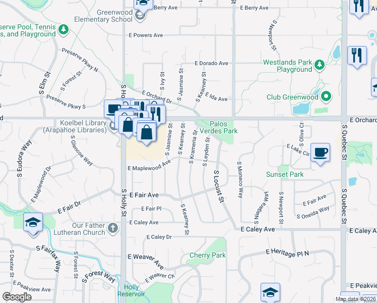 map of restaurants, bars, coffee shops, grocery stores, and more near 5973 South Krameria Street in Centennial