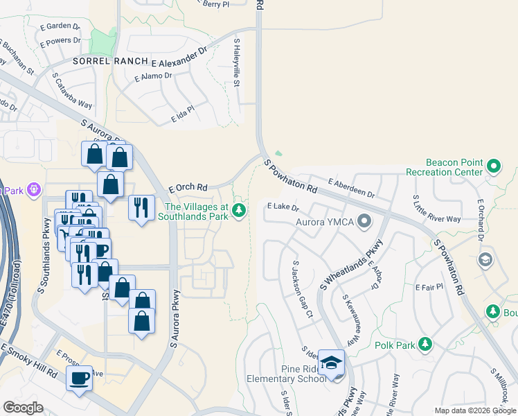 map of restaurants, bars, coffee shops, grocery stores, and more near 24966 East Lake Drive in Aurora