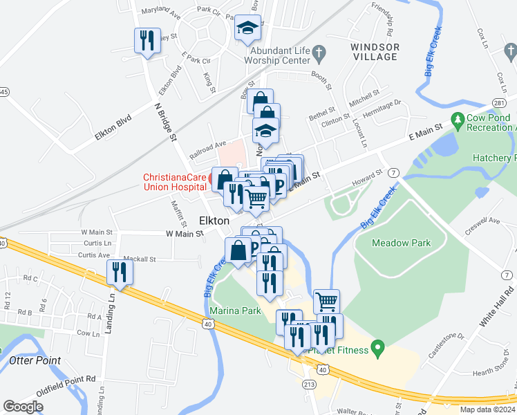 map of restaurants, bars, coffee shops, grocery stores, and more near 127 West Main Street in Elkton