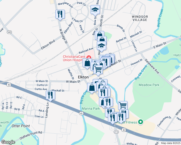 map of restaurants, bars, coffee shops, grocery stores, and more near 138 Cathedral Street in Elkton